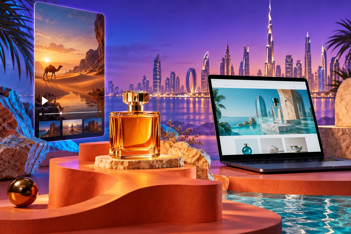 AI-generated concept combining a perfume campaign, a business website and cinematic desert imagery