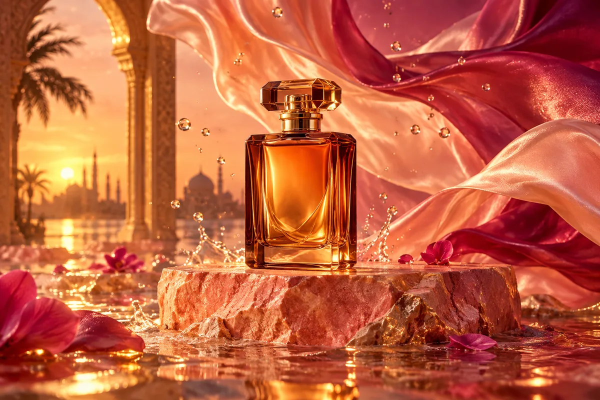 AI-generated perfume advertising concept in vibrant coral and gold