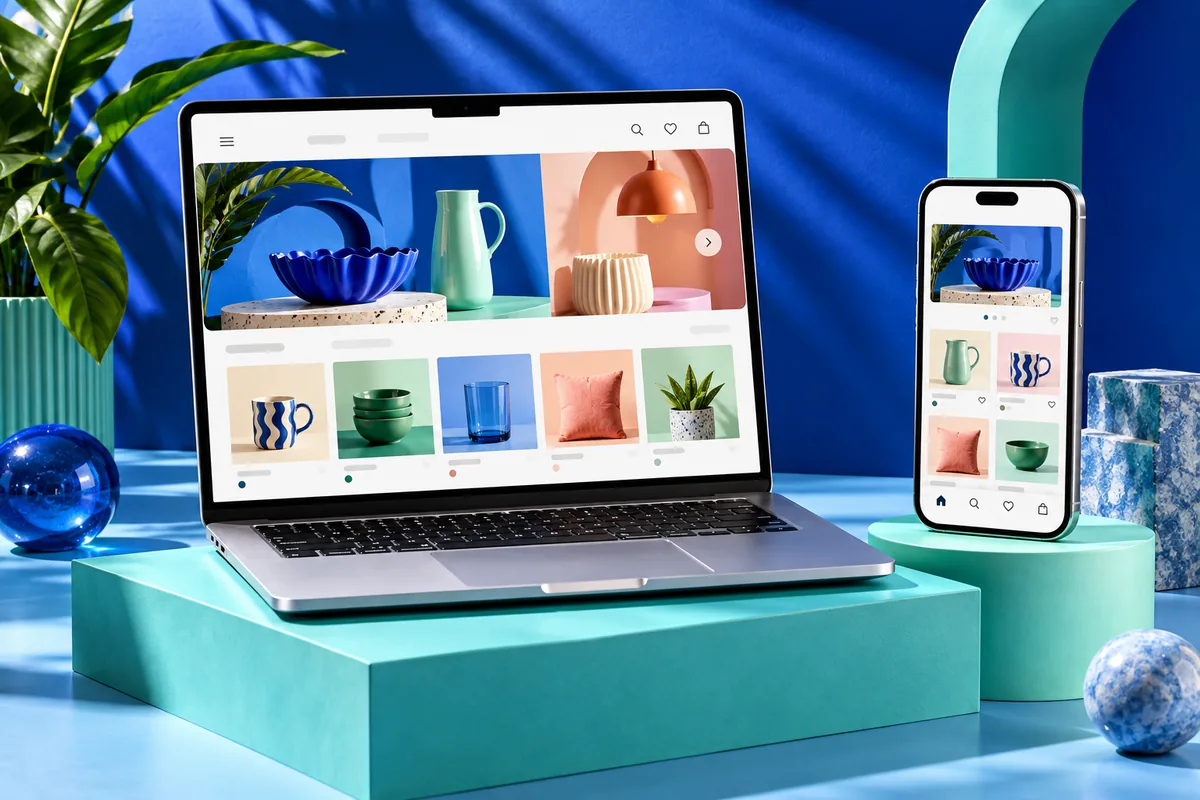 Concept of a business website and shopping app on a laptop and phone